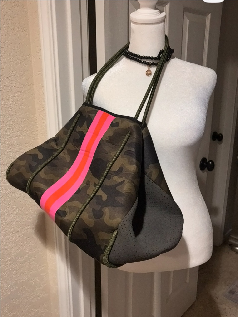 HAUTE SHORE Olive Camo Shoulder Tote with Neon Pink & Coral Stripe